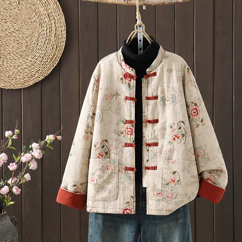 Buddha Stones Fall Winter Vintage Tang Style Frog Button Mandarin Collar Peony Floral Cotton Women's Jacket With Pockets - Beige - US8-10，UK/AU12-14，EU40-42 (2XL) - image 0