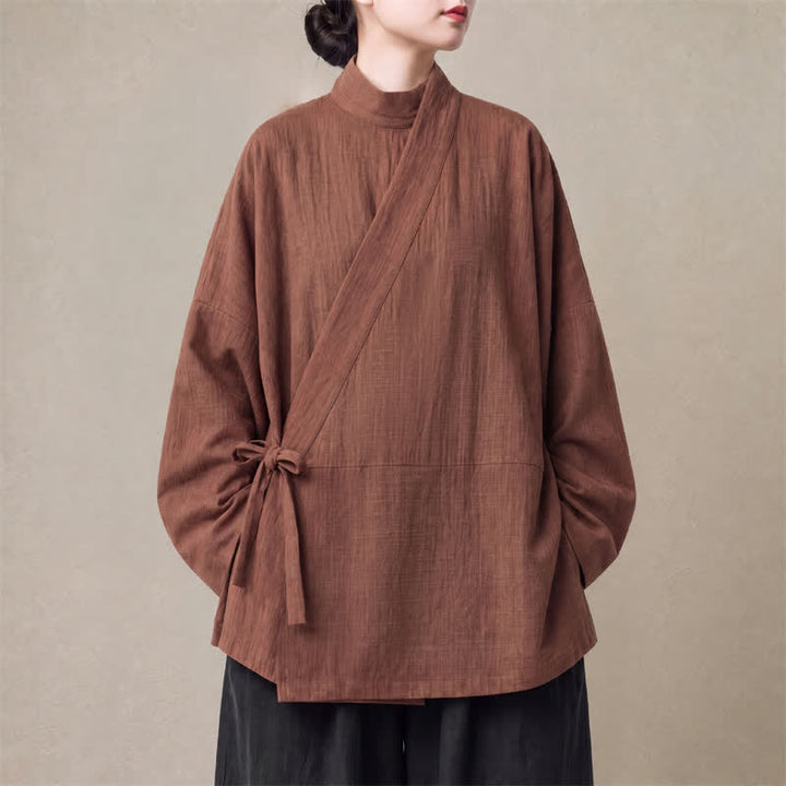 Buddha Stones Fall Minimalist Tang Style Drawstring Solid Cotton Linen Women's Kimono - Sienna - US16，UK/AU20，EU48 (5XL) - image 0