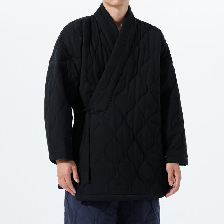 Buddha Stones Fall Winter Minimalist Tang Style Wrap-front Drawstring Thickened Padded Design Solid Men's Kimono With Pockets - Black - US/UK/AU46，EU56 (5XL) - image 18
