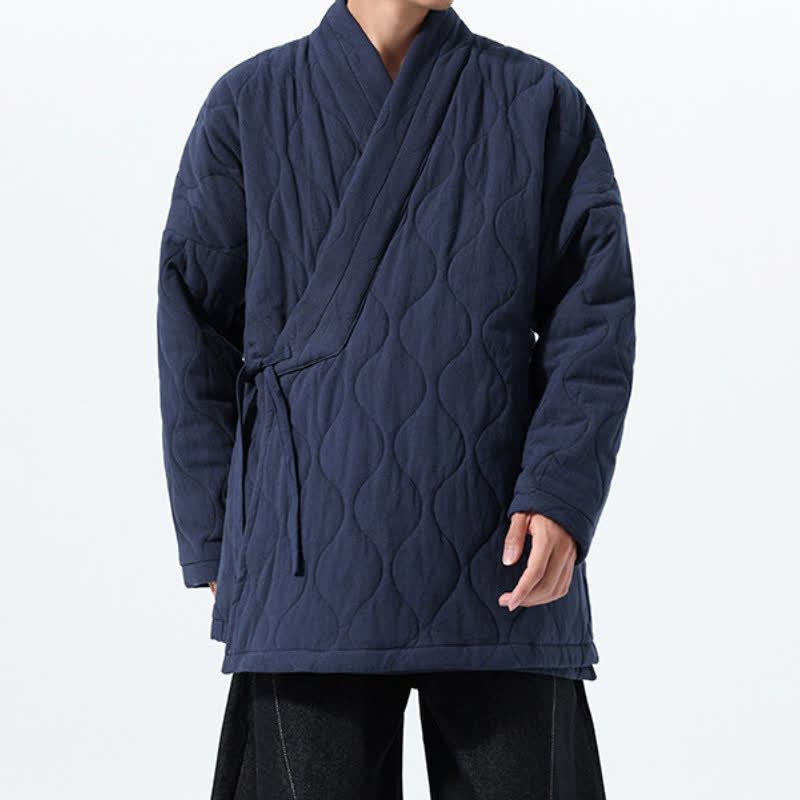 Buddha Stones Fall Winter Minimalist Tang Style Wrap-front Drawstring Thickened Padded Design Solid Men's Kimono With Pockets - image 1
