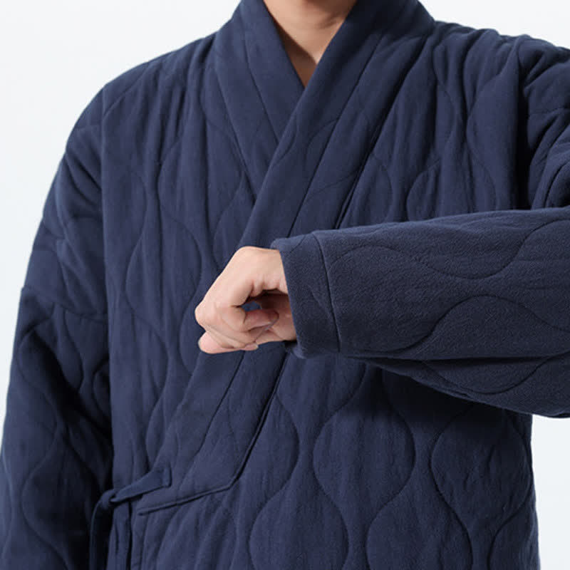 Buddha Stones Fall Winter Minimalist Tang Style Wrap-front Drawstring Thickened Padded Design Solid Men's Kimono With Pockets - image 11