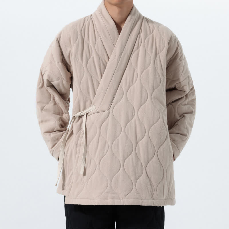 Buddha Stones Fall Winter Minimalist Tang Style Wrap-front Drawstring Thickened Padded Design Solid Men's Kimono With Pockets - image 28