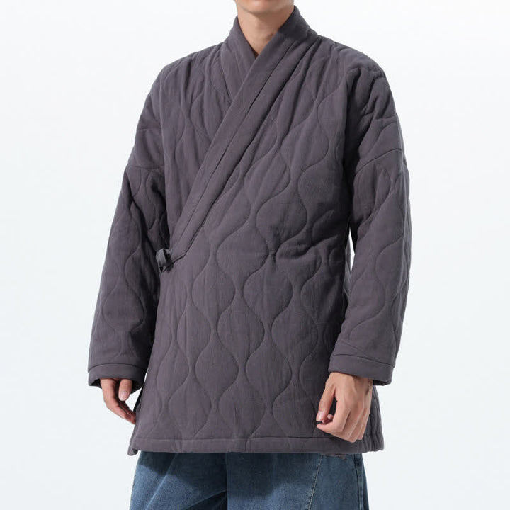 Buddha Stones Fall Winter Minimalist Tang Style Wrap-front Drawstring Thickened Padded Design Solid Men's Kimono With Pockets - image 16
