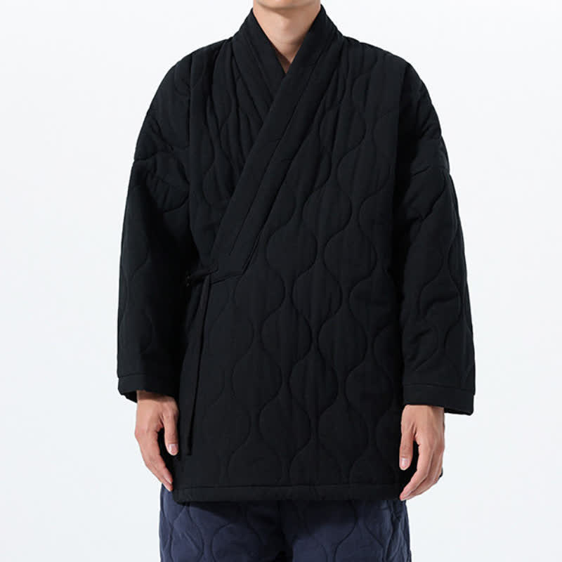 Buddha Stones Fall Winter Minimalist Tang Style Wrap-front Drawstring Thickened Padded Design Solid Men's Kimono With Pockets - image 21