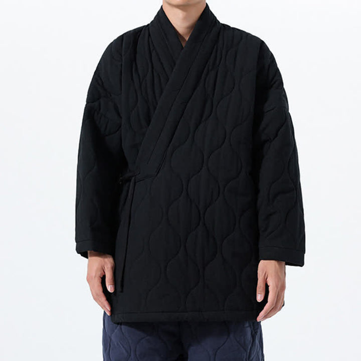 Buddha Stones Fall Winter Minimalist Tang Style Wrap-front Drawstring Thickened Padded Design Solid Men's Kimono With Pockets - image 21