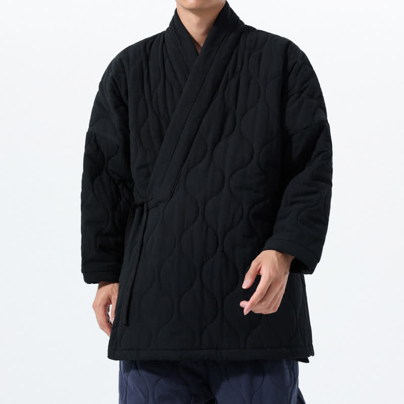 Buddha Stones Fall Winter Minimalist Tang Style Wrap-front Drawstring Thickened Padded Design Solid Men's Kimono With Pockets - image 24