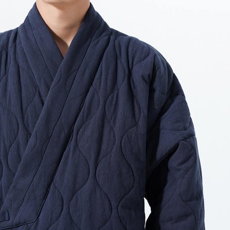 Buddha Stones Fall Winter Minimalist Tang Style Wrap-front Drawstring Thickened Padded Design Solid Men's Kimono With Pockets - image 10