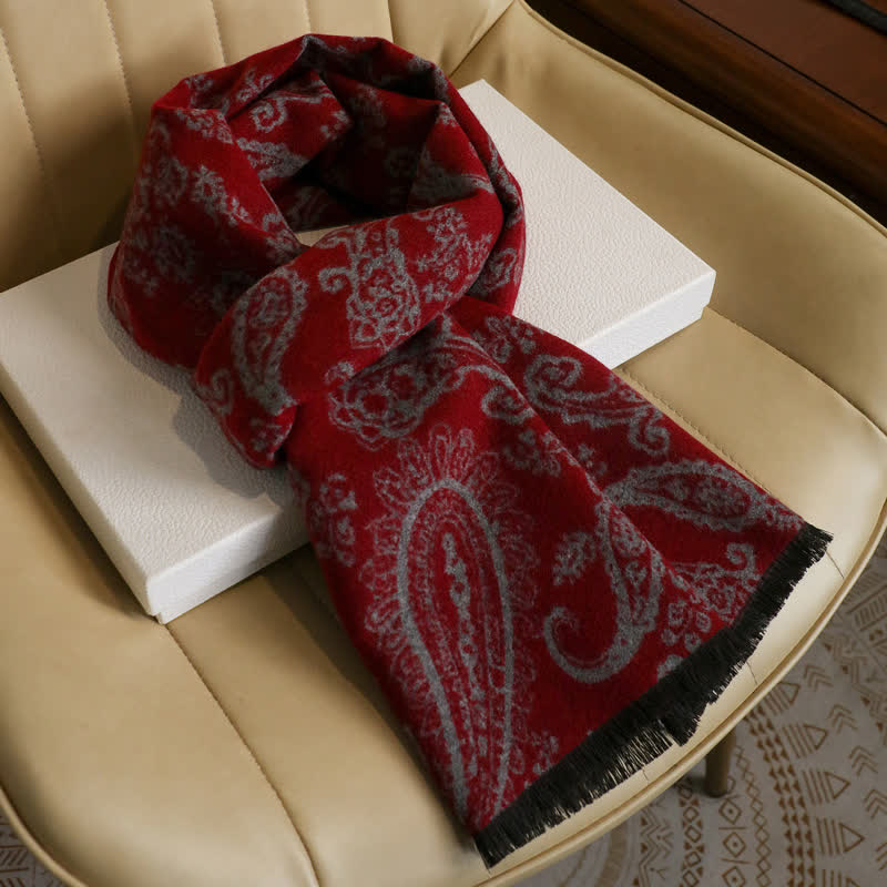 Buddha Stones Fall Winter Vintage Paisley Tassel Cozy Men's Scarf - Wine Red Approx. 180 × 30 cm - image 4