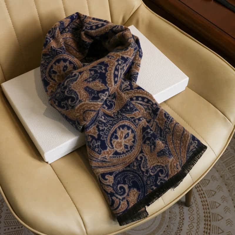 Buddha Stones Fall Winter Vintage Paisley Tassel Cozy Men's Scarf - Blue Tan Approx. 180 × 30 cm - image 7