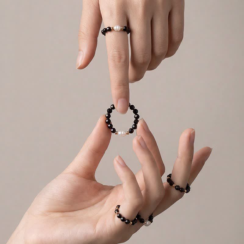 Buddha Stones Black Spinel Pearl Protection Faceted Stacking Ring - image 4