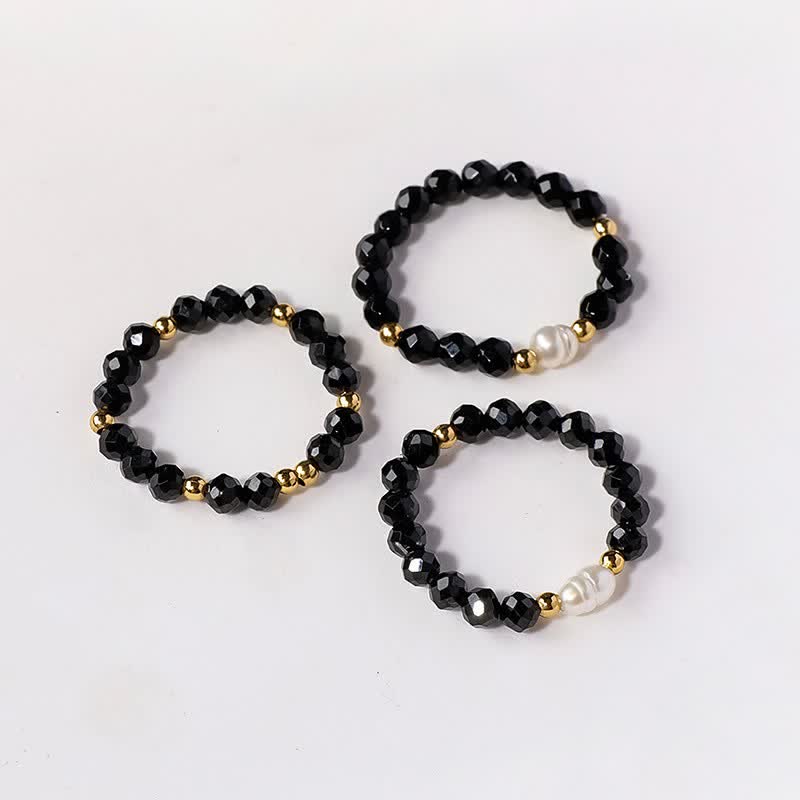 Buddha Stones Black Spinel Pearl Protection Faceted Stacking Ring - image 1