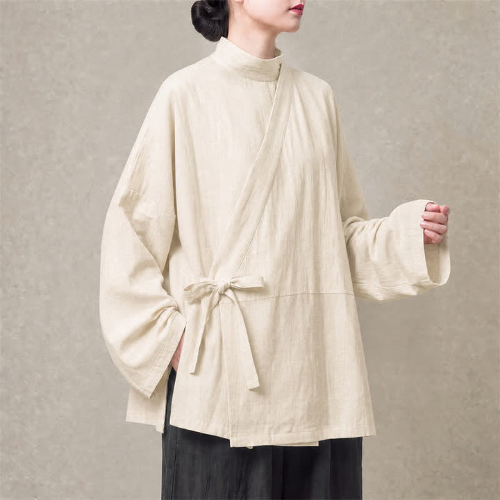 Buddha Stones Fall Minimalist Tang Style Drawstring Solid Cotton Linen Women's Kimono - image 10
