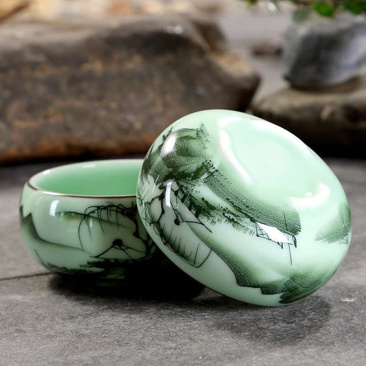 Buddha Stones Traditional Koi Fish Lotus Landscape Ceramic Personal Tea Cup - image 3