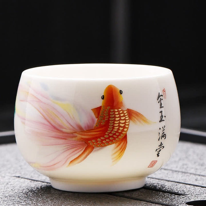 Buddha Stones White Porcelain Koi Lotus Dragon Hand-Painted Tea Cup - Koi Fish - image 0
