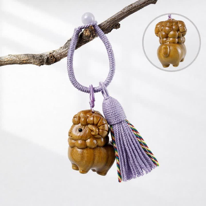 Buddha Stones Hand-Carved Green Sandalwood Rainbow Eucalyptus Goat Luck Tassel Keychains - Green Sandalwood - Purple - image 4
