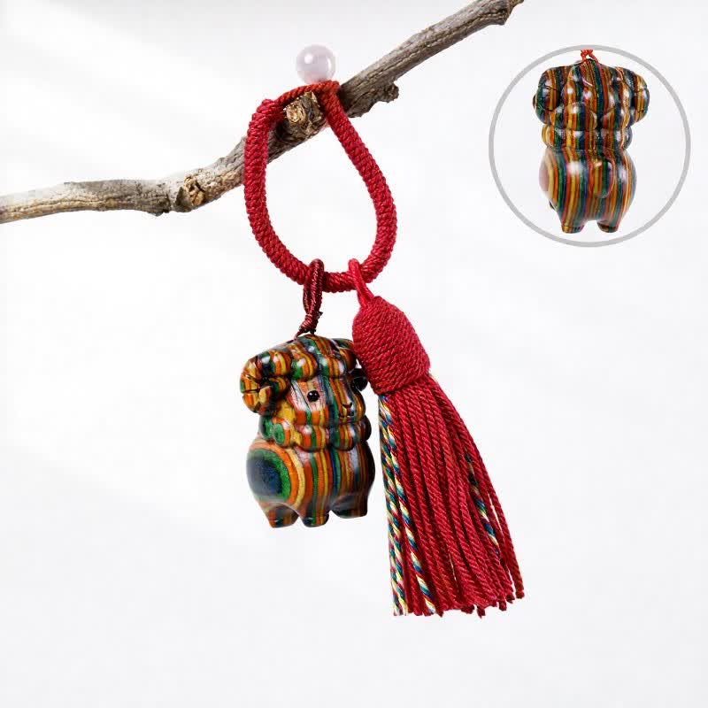 Buddha Stones Hand-Carved Green Sandalwood Rainbow Eucalyptus Goat Luck Tassel Keychains - Rainbow Eucalyptus - Red - image 7