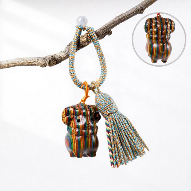 Buddha Stones Hand-Carved Green Sandalwood Rainbow Eucalyptus Goat Luck Tassel Keychains - Rainbow Eucalyptus - Orange Blue - image 8