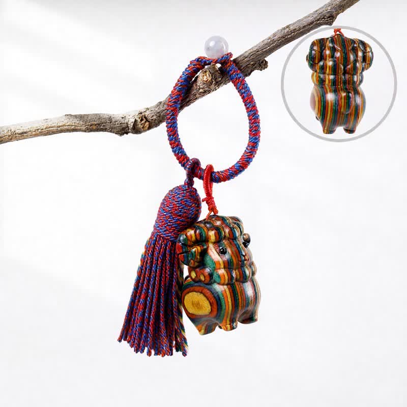 Buddha Stones Hand-Carved Green Sandalwood Rainbow Eucalyptus Goat Luck Tassel Keychains - Rainbow Eucalyptus - Blue Red - image 10