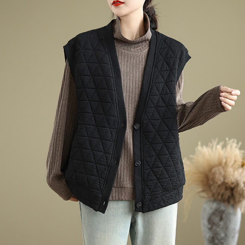 Buddha Stones Fall Winter Retro Casual Button-Up Diamond Quilted Tank Top Women's Vest With Pocket - image 13