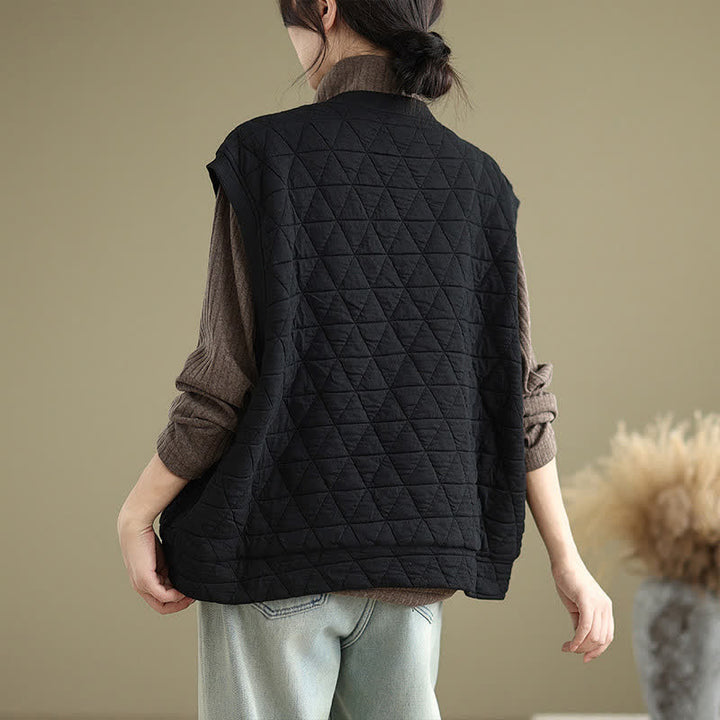 Buddha Stones Fall Winter Retro Casual Button-Up Diamond Quilted Tank Top Women's Vest With Pocket - image 15