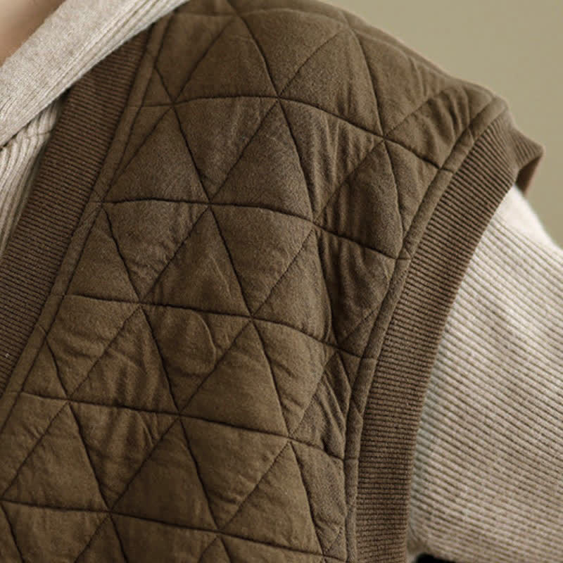 Buddha Stones Fall Winter Retro Casual Button-Up Diamond Quilted Tank Top Women's Vest With Pocket - image 7
