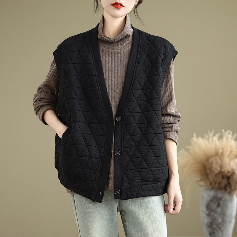 Buddha Stones Fall Winter Retro Casual Button-Up Diamond Quilted Tank Top Women's Vest With Pocket - Black - US12, UK/AU16, EU44 (2XL) - image 11