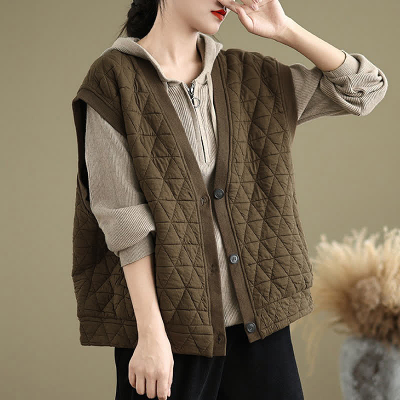 Buddha Stones Fall Winter Retro Casual Button-Up Diamond Quilted Tank Top Women's Vest With Pocket - image 1