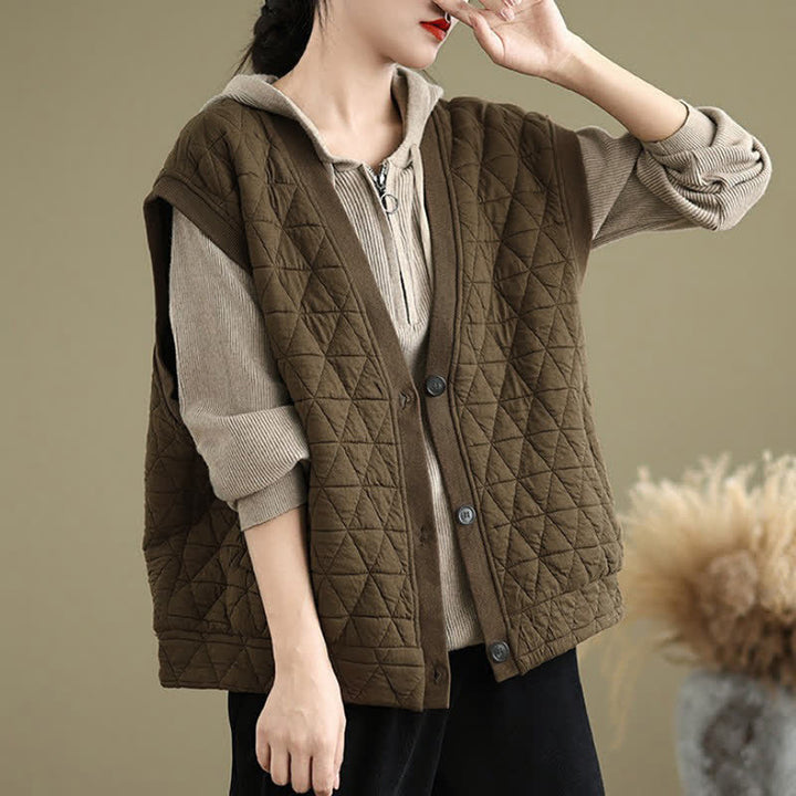 Buddha Stones Fall Winter Retro Casual Button-Up Diamond Quilted Tank Top Women's Vest With Pocket - image 1