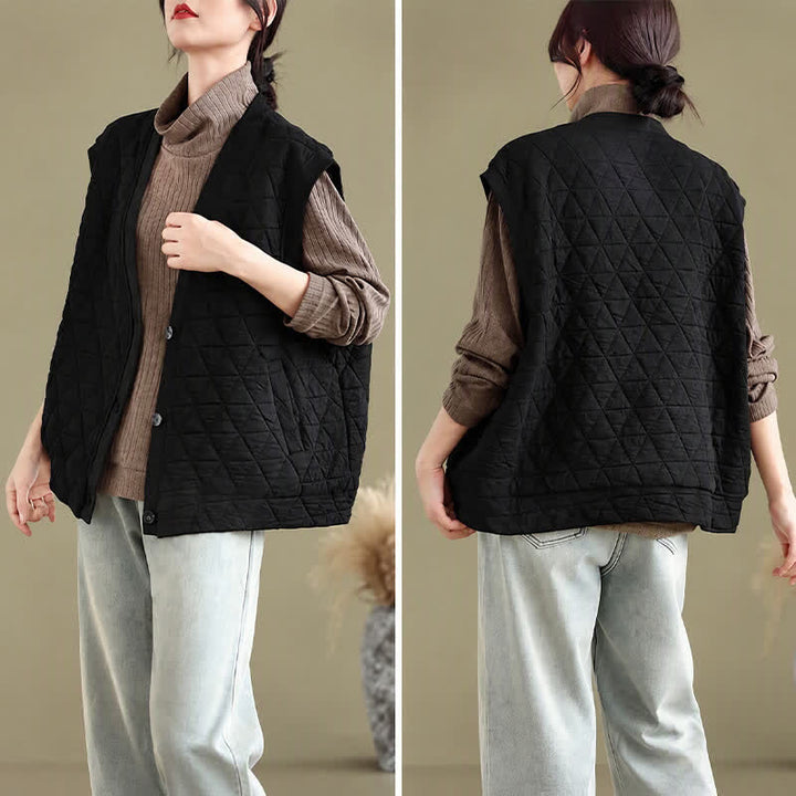 Buddha Stones Fall Winter Retro Casual Button-Up Diamond Quilted Tank Top Women's Vest With Pocket - image 16