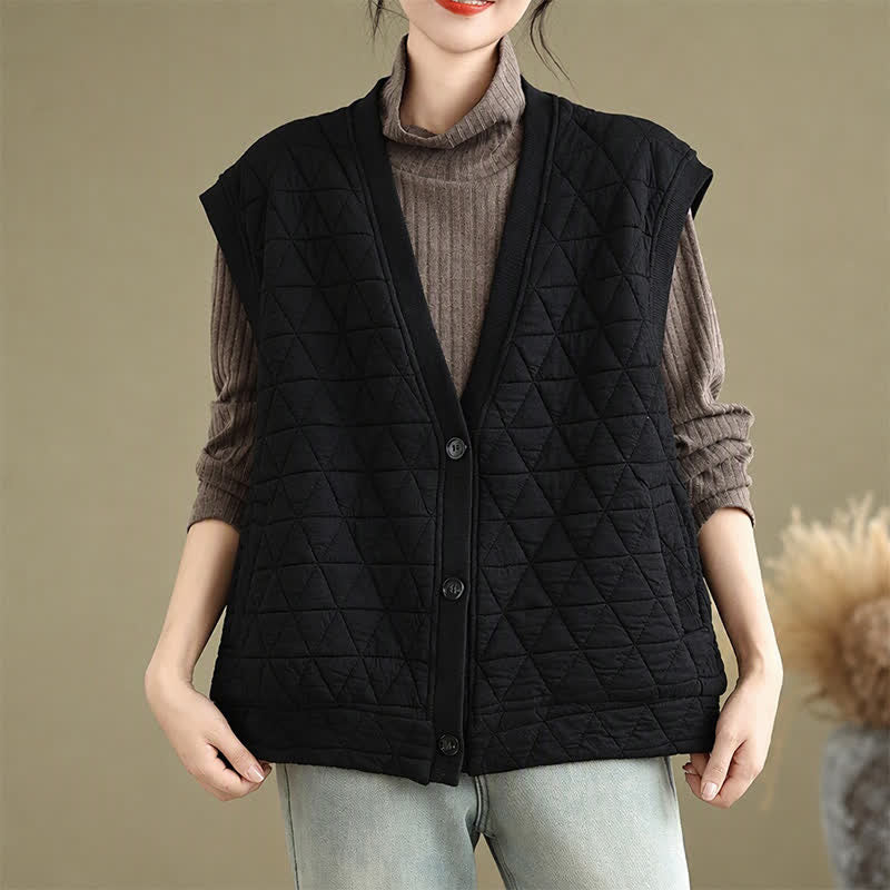 Buddha Stones Fall Winter Retro Casual Button-Up Diamond Quilted Tank Top Women's Vest With Pocket - image 12