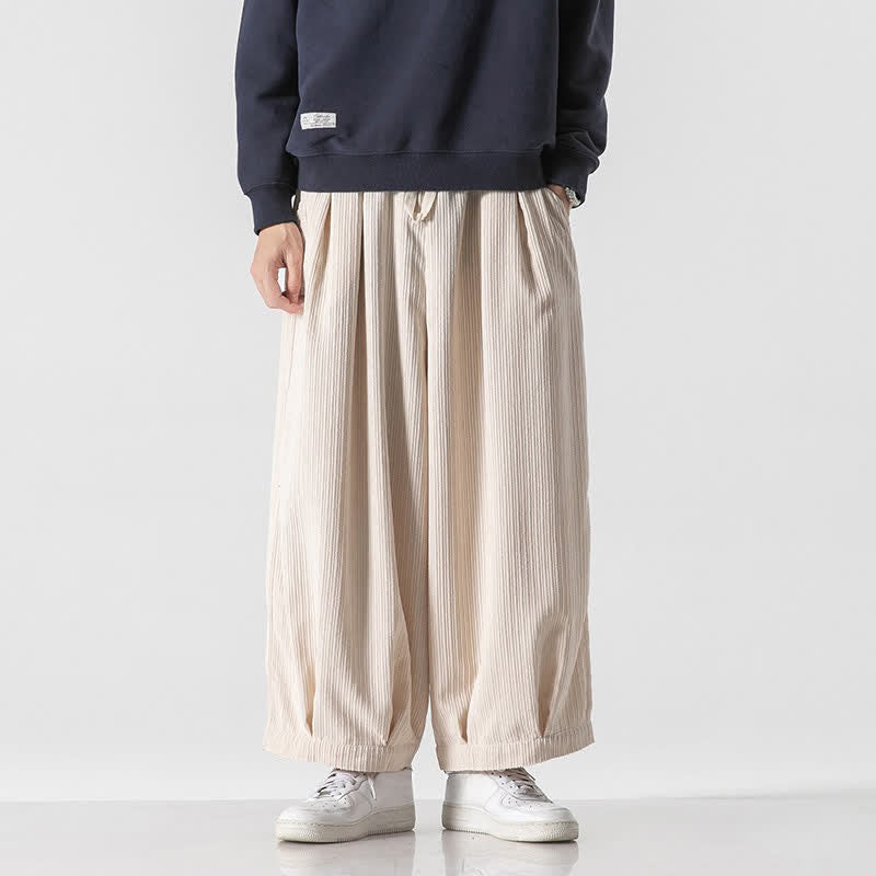 Buddha Stones Spring Fall Casual Minimalist Drawstring Solid Cropped Pants Corduroy Men's Wide Leg Pants With Pockets - White - US/UK/AU46, EU56 (5XL) - image 37