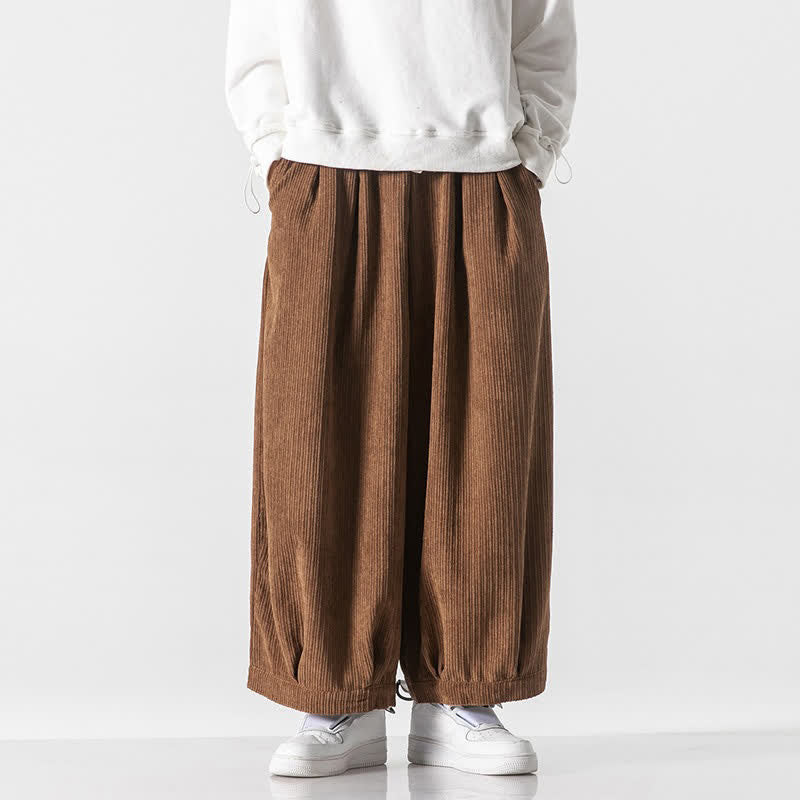 Buddha Stones Spring Fall Casual Minimalist Drawstring Solid Cropped Pants Corduroy Men's Wide Leg Pants With Pockets - SaddleBrown - US/UK/AU46, EU56 (5XL) - image 8