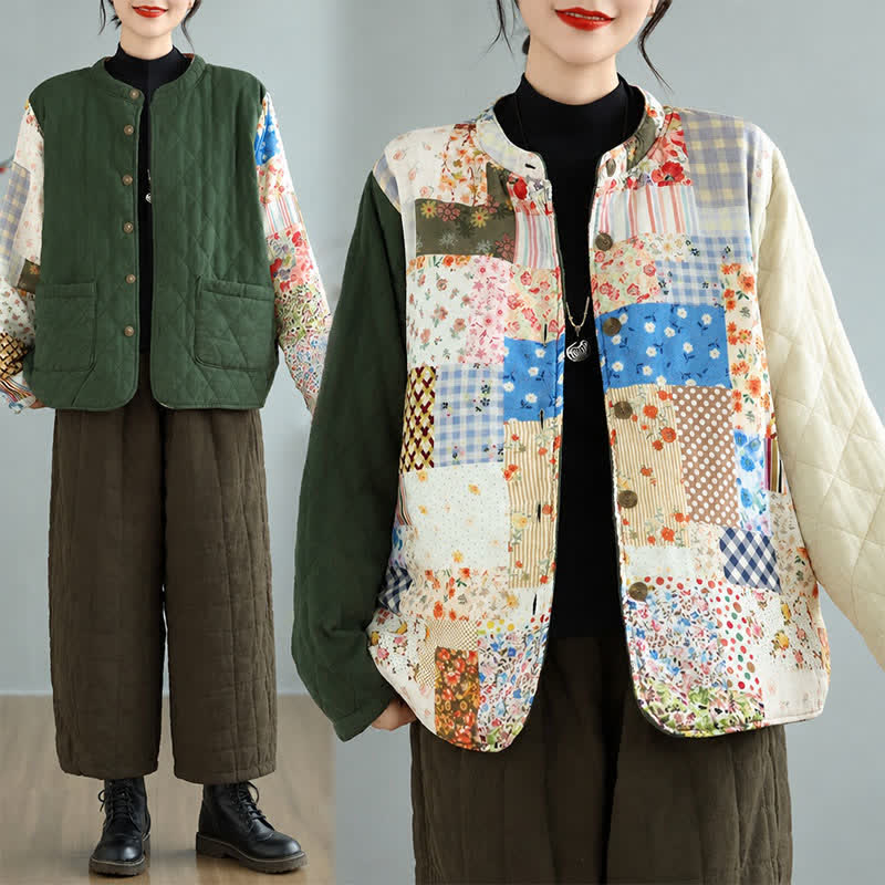 Buddha Stones Fall Winter Vintage Casual Button-Up Floral Patchwork Reversible Design Women's Jacket With Pockets - image 8