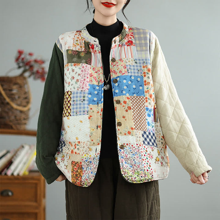 Buddha Stones Fall Winter Vintage Casual Button-Up Floral Patchwork Reversible Design Women's Jacket With Pockets - Beige - US8-10, UK/AU12-14, EU40-42 (2XL) - image 0