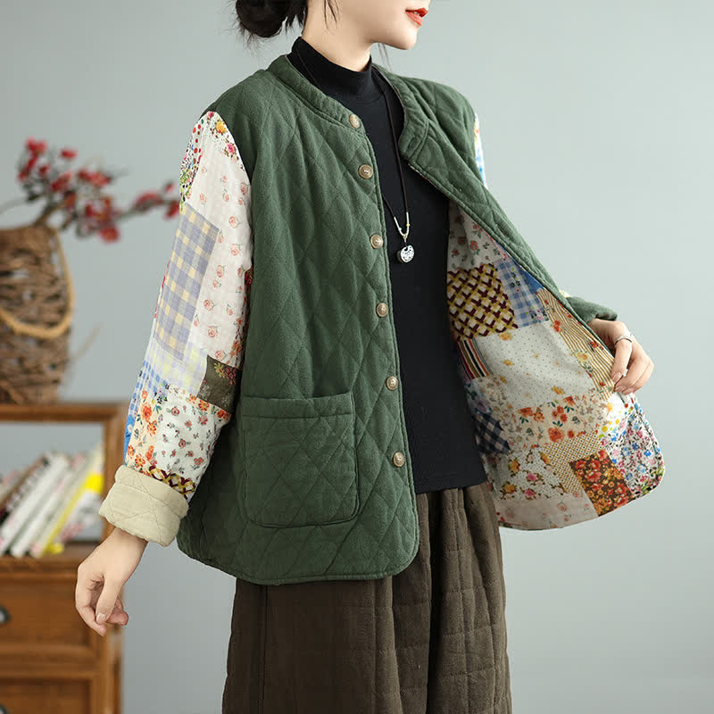Buddha Stones Fall Winter Vintage Casual Button-Up Floral Patchwork Reversible Design Women's Jacket With Pockets - image 3
