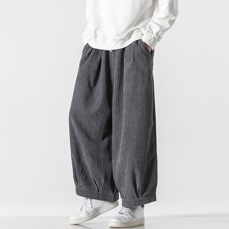 Buddha Stones Spring Fall Casual Minimalist Drawstring Solid Cropped Pants Corduroy Men's Wide Leg Pants With Pockets - image 6