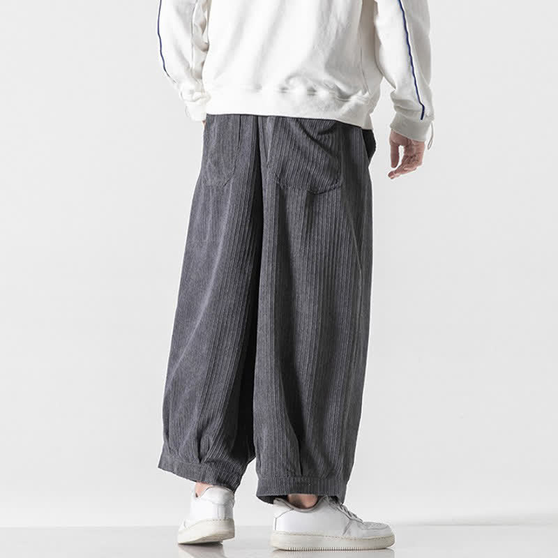 Buddha Stones Spring Fall Casual Minimalist Drawstring Solid Cropped Pants Corduroy Men's Wide Leg Pants With Pockets - image 4