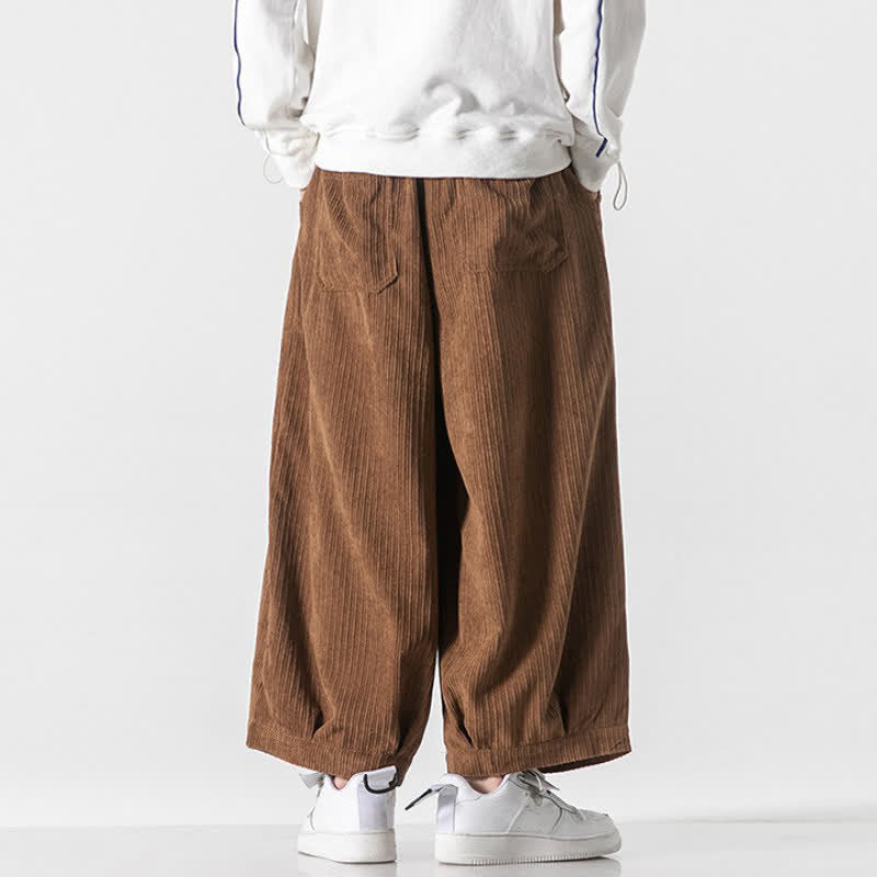 Buddha Stones Spring Fall Casual Minimalist Drawstring Solid Cropped Pants Corduroy Men's Wide Leg Pants With Pockets - image 12