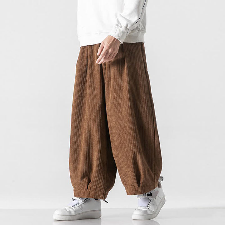 Buddha Stones Spring Fall Casual Minimalist Drawstring Solid Cropped Pants Corduroy Men's Wide Leg Pants With Pockets - image 13