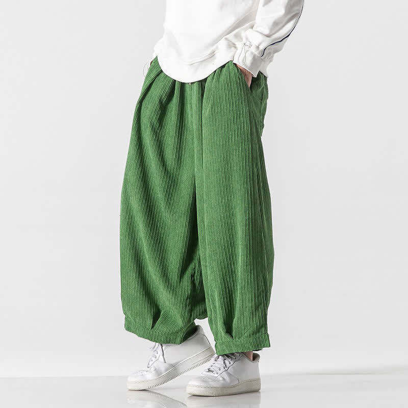 Buddha Stones Spring Fall Casual Minimalist Drawstring Solid Cropped Pants Corduroy Men's Wide Leg Pants With Pockets - image 34