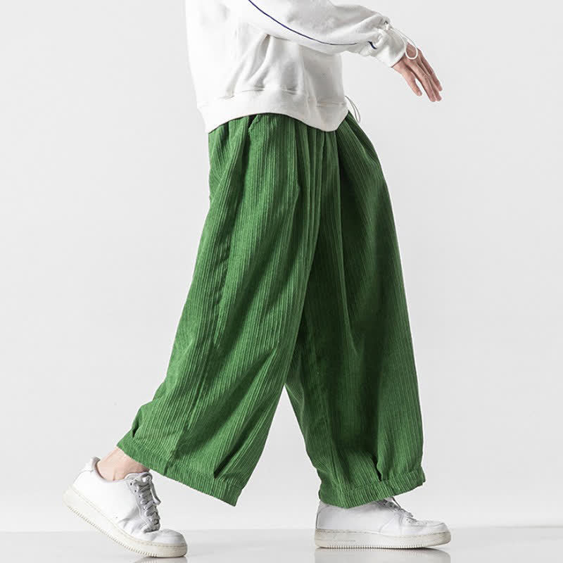 Buddha Stones Spring Fall Casual Minimalist Drawstring Solid Cropped Pants Corduroy Men's Wide Leg Pants With Pockets - image 30