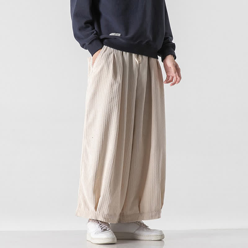 Buddha Stones Spring Fall Casual Minimalist Drawstring Solid Cropped Pants Corduroy Men's Wide Leg Pants With Pockets - image 38