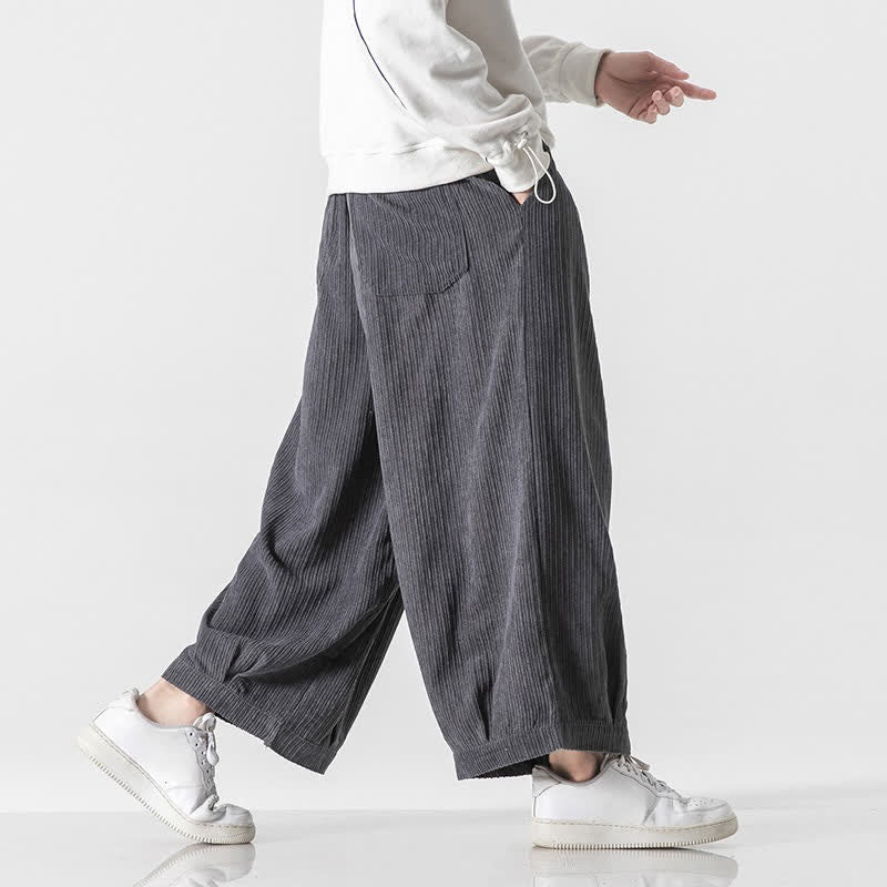 Buddha Stones Spring Fall Casual Minimalist Drawstring Solid Cropped Pants Corduroy Men's Wide Leg Pants With Pockets - image 2