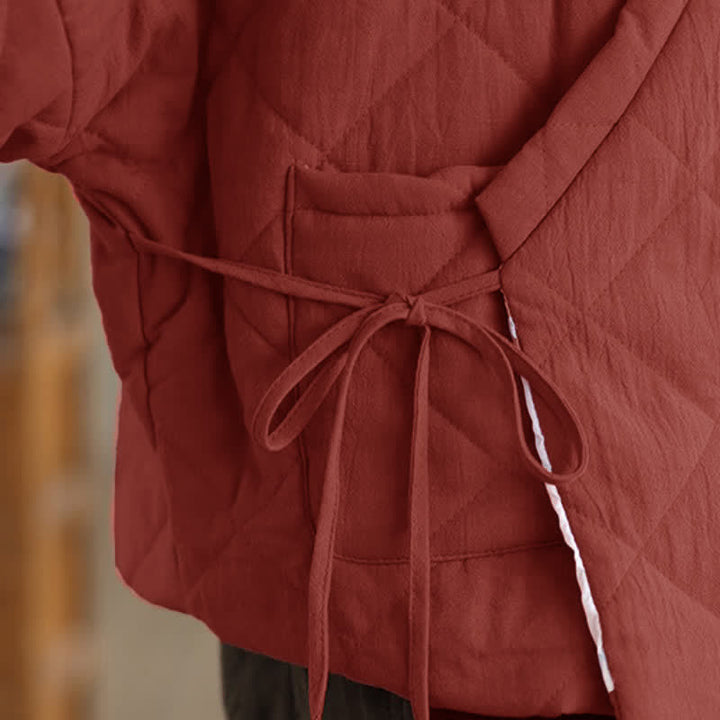 Buddha Stones Fall Winter Casual Minimalist Quilted Design Drawstring Solid Cropped Women's Kimono With Pockets - image 6