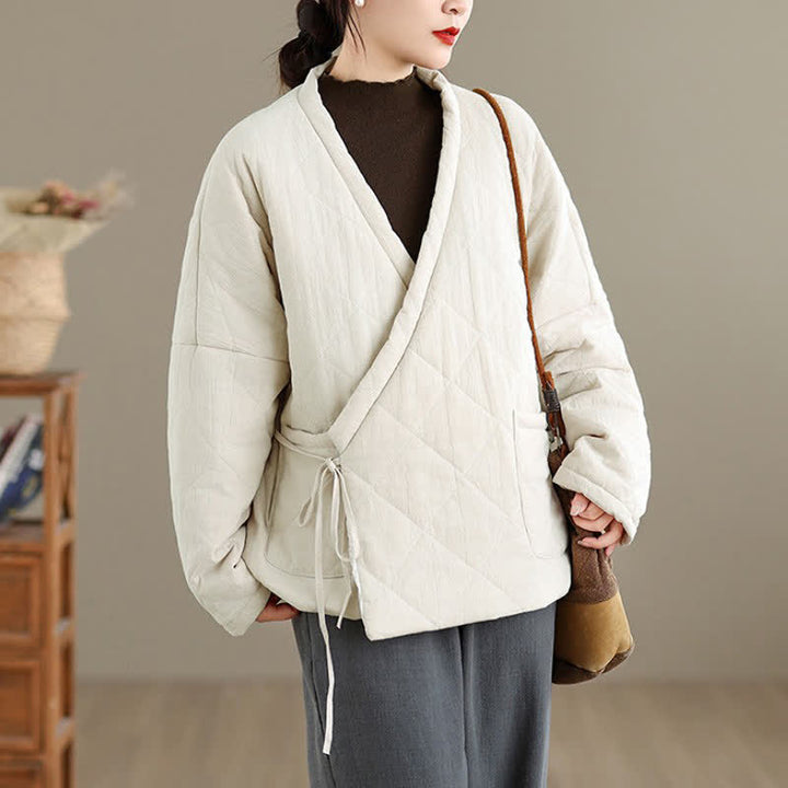Buddha Stones Fall Winter Casual Minimalist Quilted Design Drawstring Solid Cropped Women's Kimono With Pockets - image 16