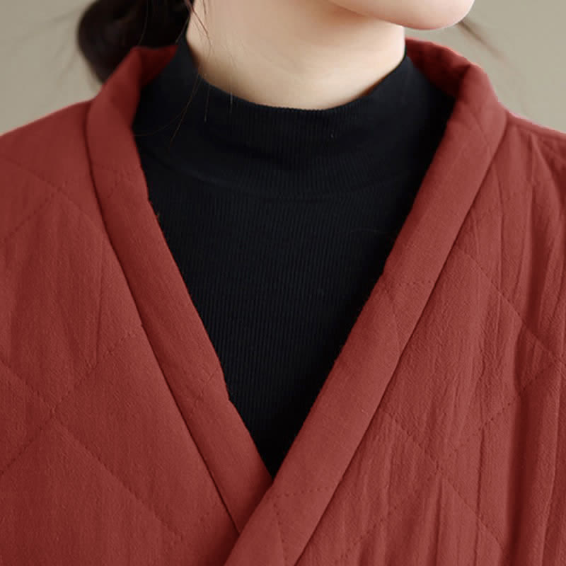 Buddha Stones Fall Winter Casual Minimalist Quilted Design Drawstring Solid Cropped Women's Kimono With Pockets - image 5
