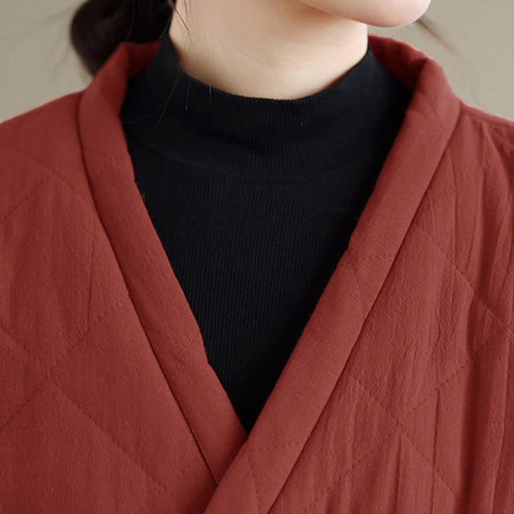 Buddha Stones Fall Winter Casual Minimalist Quilted Design Drawstring Solid Cropped Women's Kimono With Pockets - image 5