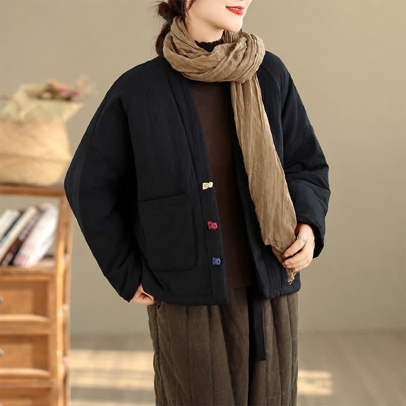 Buddha Stones Fall Winter Casual Tang Style Frog Button Solid Cropped Women's Kimono With Pockets - Black - US14, UK/AU18, EU46 (2XL) - image 18