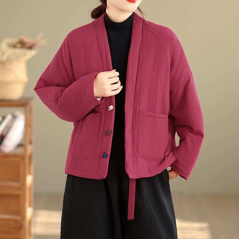 Buddha Stones Fall Winter Casual Tang Style Frog Button Solid Cropped Women's Kimono With Pockets - image 15