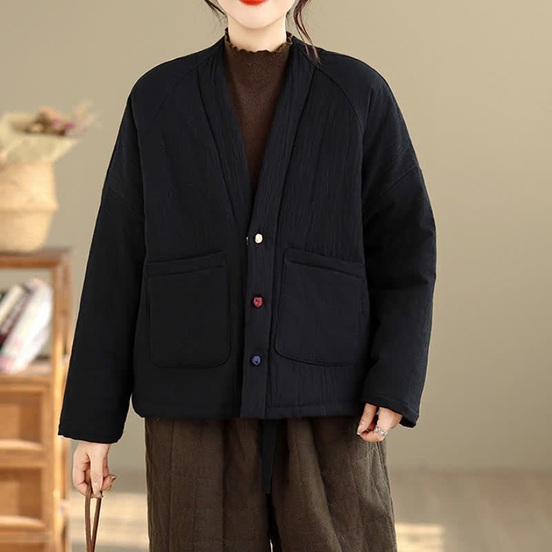 Buddha Stones Fall Winter Casual Tang Style Frog Button Solid Cropped Women's Kimono With Pockets - image 19